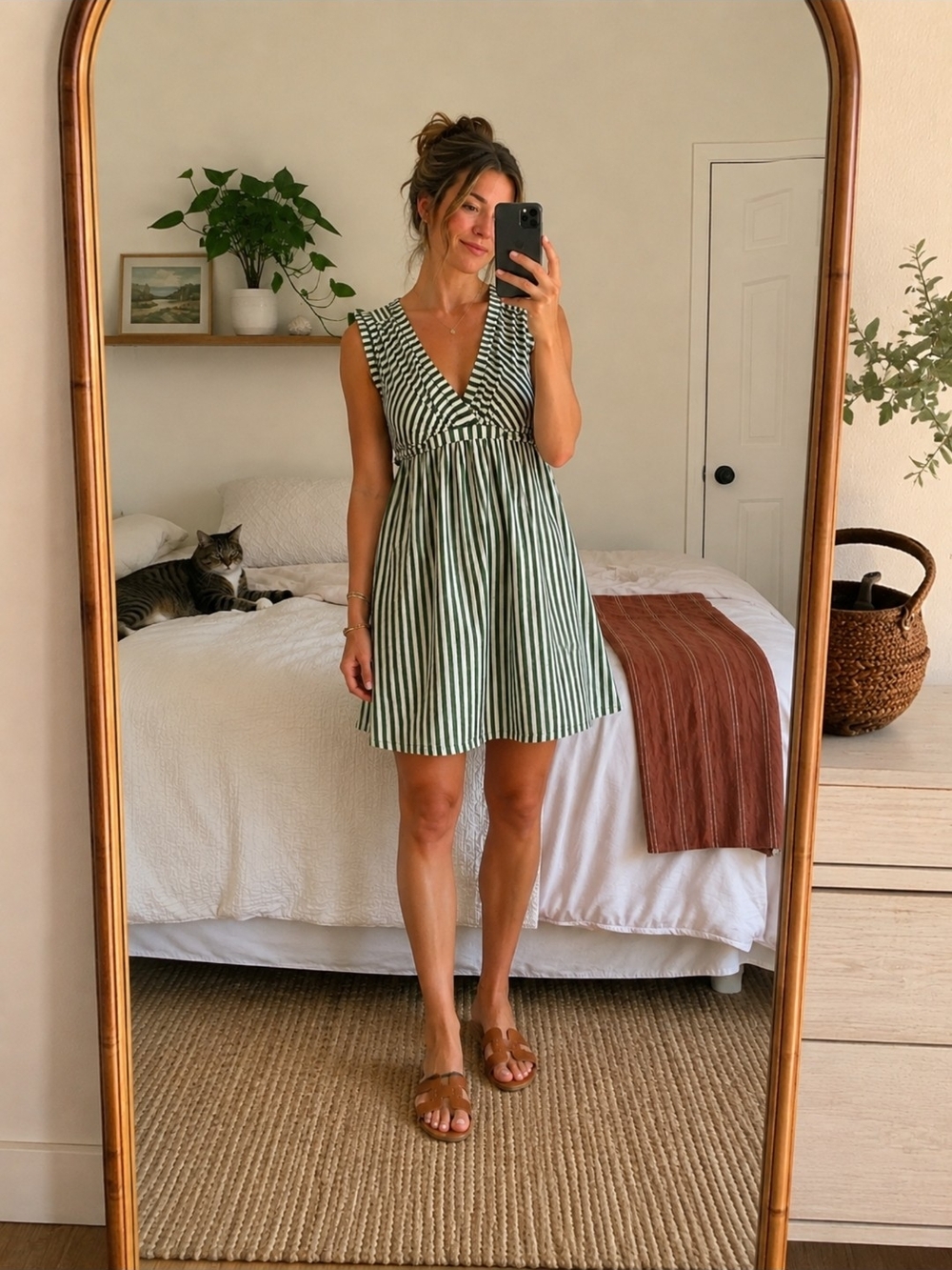 Ella Moss Green Striped Empire Waist Mini Dress Size L